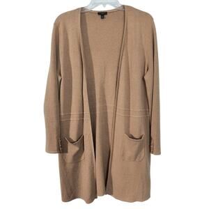 Talbots Longline Knit Cardigan Wmn's Size MP Tan Long Sleeve Pockets Open Front